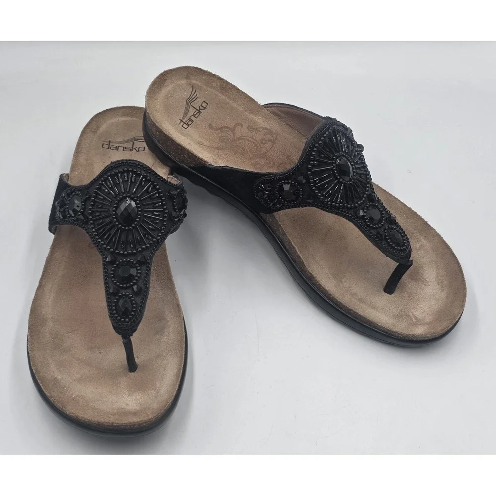 Dansko Black Beaded Leather Thong Sandals